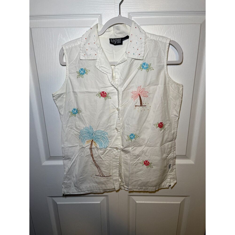 Blassport Womens Sleeveless Button Front Tropical Embroidered Top Large
